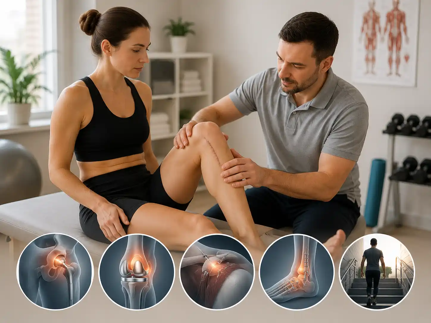 Fizjoterapeuta bada kolano pacjentki z blizną po operacji, ilustracje przedstawiają rehabilitację po operacjach: biodra, endoprotezy kolana, barku, kostki i powrót do aktywności fizycznej.