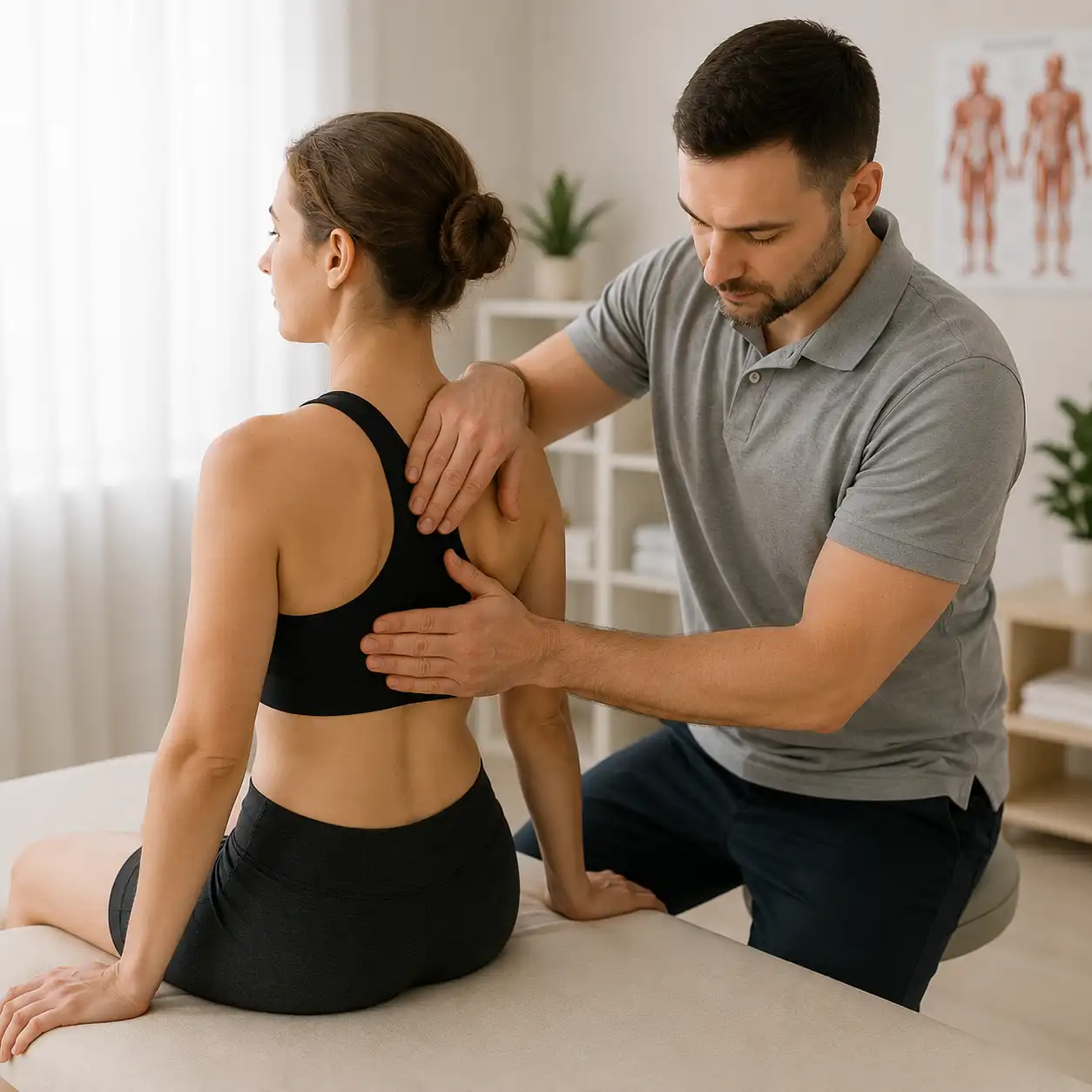 Fizjoterapeuta wykonujący terapię manualną górnej części pleców u pacjentki w gabinecie w Markach
