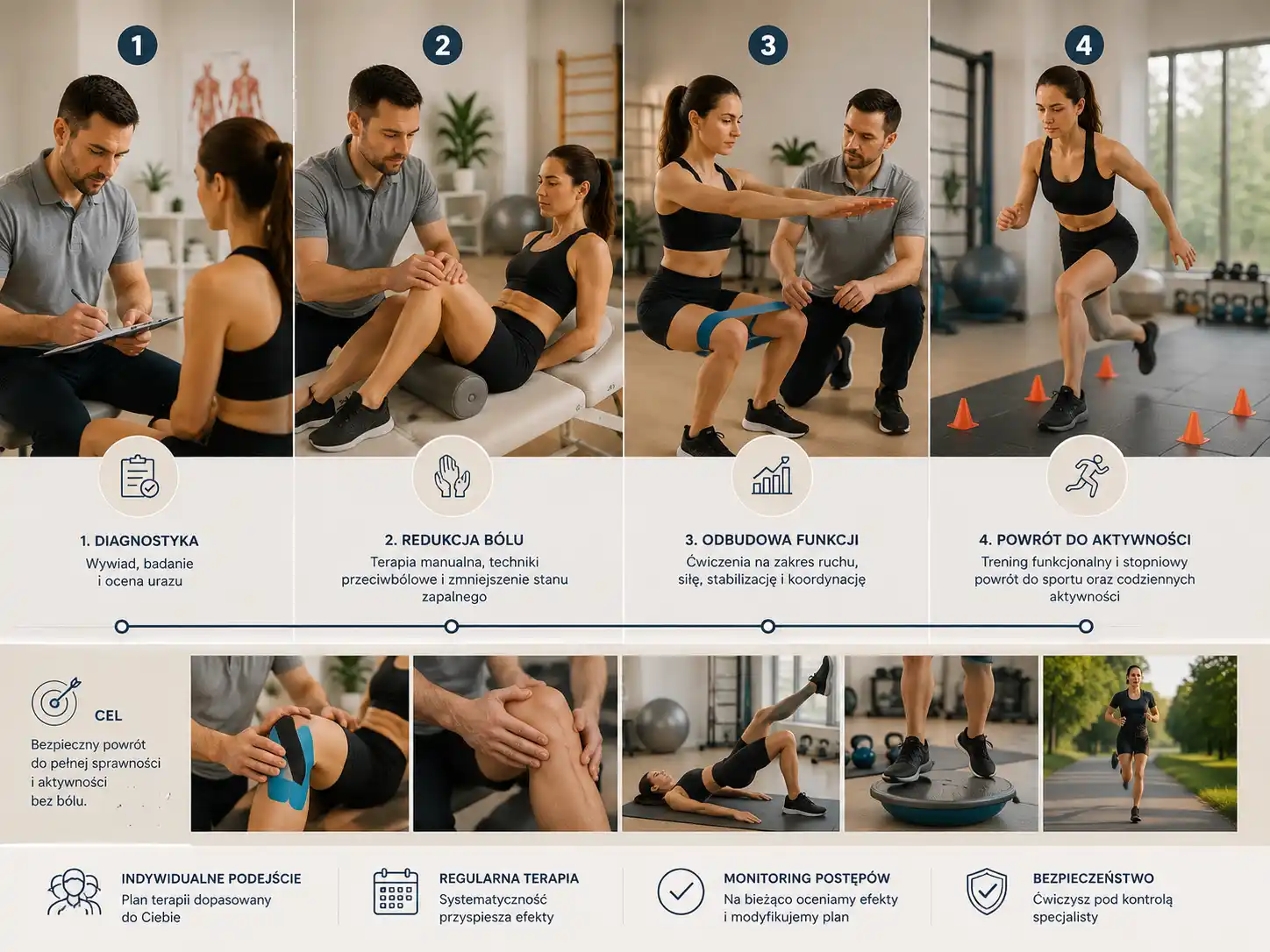 Infografika przedstawiająca etapy rehabilitacji po urazie: diagnostyka, redukcja bólu, odbudowa zakresu ruchu, powrót do aktywności, z ilustracjami zabiegów i ćwiczeń.