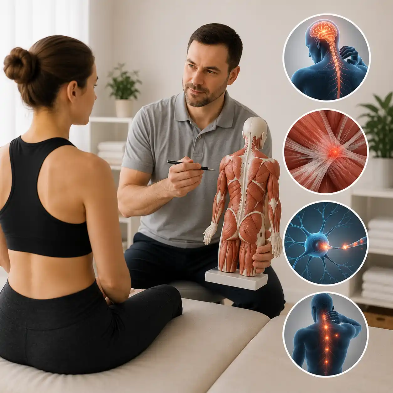 Fizjoterapeuta tłumaczący anatomię kręgosłupa i mechanizmy bólu pacjentce, z wizualizacjami bólu głowy, mięśni i nerwów.