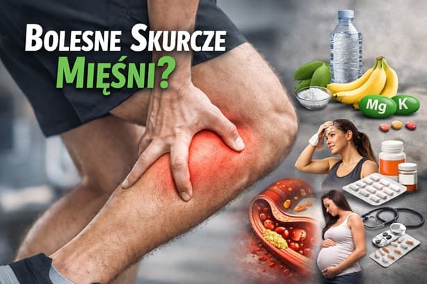 Osoba masująca bolesną łydkę symbolizuje powszechny problem skurczów mięśni, a artykuł wyjaśnia ich główne przyczyny, w tym odwodnienie i niedobory elektrolitów.