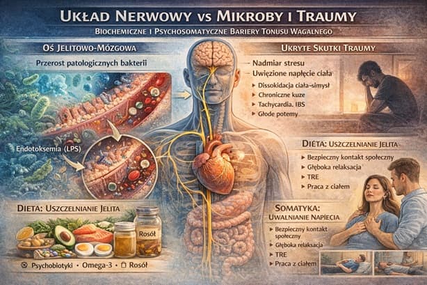 Grafika przedstawiająca nerw błędny jako most między mózgiem a jelitami, podkreślająca wpływ mikrobiomu, dysbiozy oraz ukrytej traumy na zdrowie i nawracające objawy.