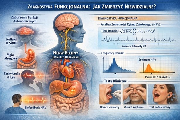 Schemat anatomiczny ludzkiego ciała z podświetlonym nerwem błędnym, połączony z wykresem zmienności rytmu serca (HRV), obrazujący diagnostykę funkcjonalną i rehabilitację układu autonomicznego.