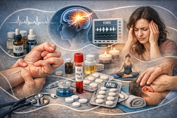 Fizjoterapeuta analizujący niewyjaśnione objawy bólowe i napięcie mięśniowe u pacjenta, podkreślające wyzwanie rozpoznania utajonej tężyczki w skutecznej terapii.